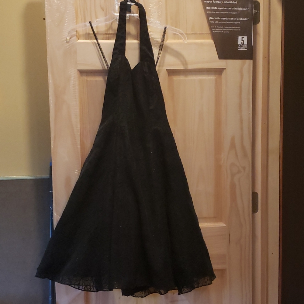 Black evening halter dress with floral sparkly det